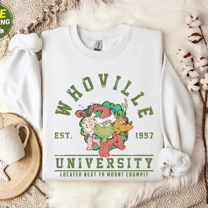 Whoville University Vintage Style Sweatshirt, Classic Whoville Holiday Shirt,Retro Christmas Whoville Sweater, Grinc Nostalgia Xmas T-Shirt. Christmas Gift Idea 2024, Gift For Him, Gift For Her