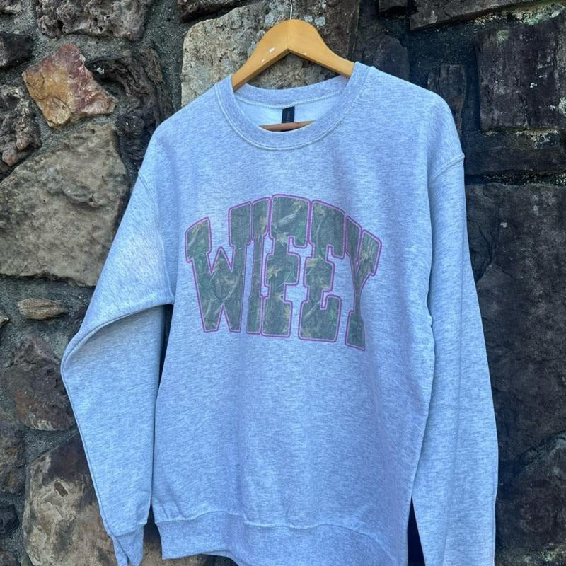 Wifey Pink Camo Oversized Print Crewneck Sweatshirt T-Shirts, Hoodie | InkThreadWorks.com