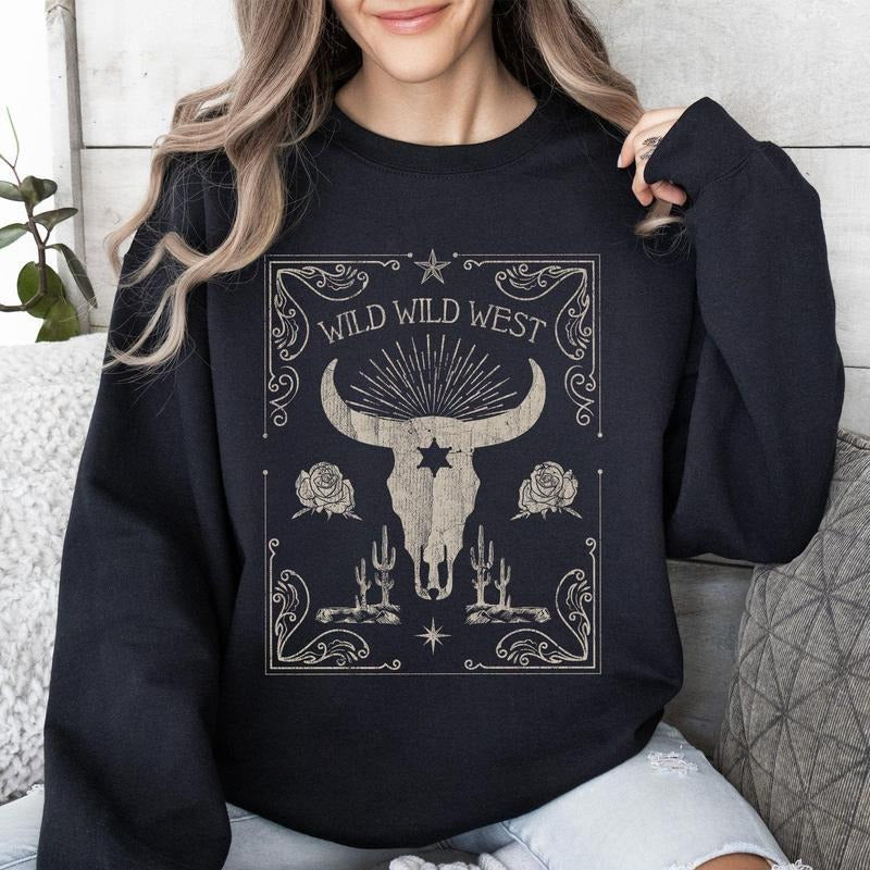Wild Wild West, Cow Skull, Rose, Western, Country Sweatshirt T-Shirts, Hoodie | InkThreadWorks.com