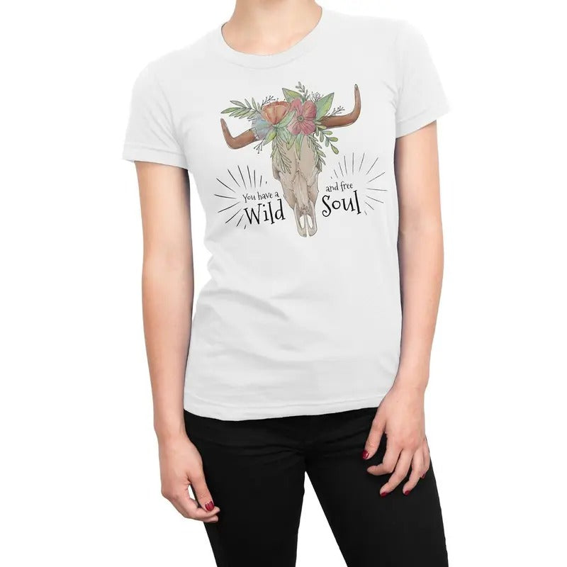 Wild and Free Soul Cow Skull Women's T-Shirt Casual Crewneck Hoodie, Sweatshirt | InkThreadWorks.com