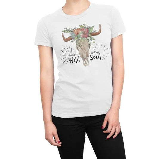 Wild and Free Soul Cow Skull Women's T-Shirt Casual Crewneck Hoodie, Sweatshirt | InkThreadWorks.com