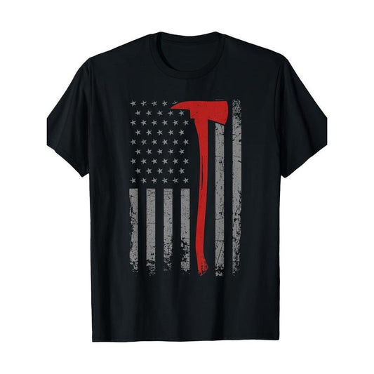 Wildland Firefighter Axe American Flag Thin Red Line Fireman T-Shirt Made in USA