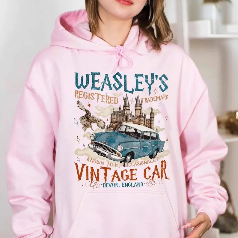 Wizard Flying Car Hoodie, Vintage Style Weasley Car Hoodie, Bookish Wizard Hoodie, Universal Fan Gift, Magical Adventure Apparel, Gift For Her