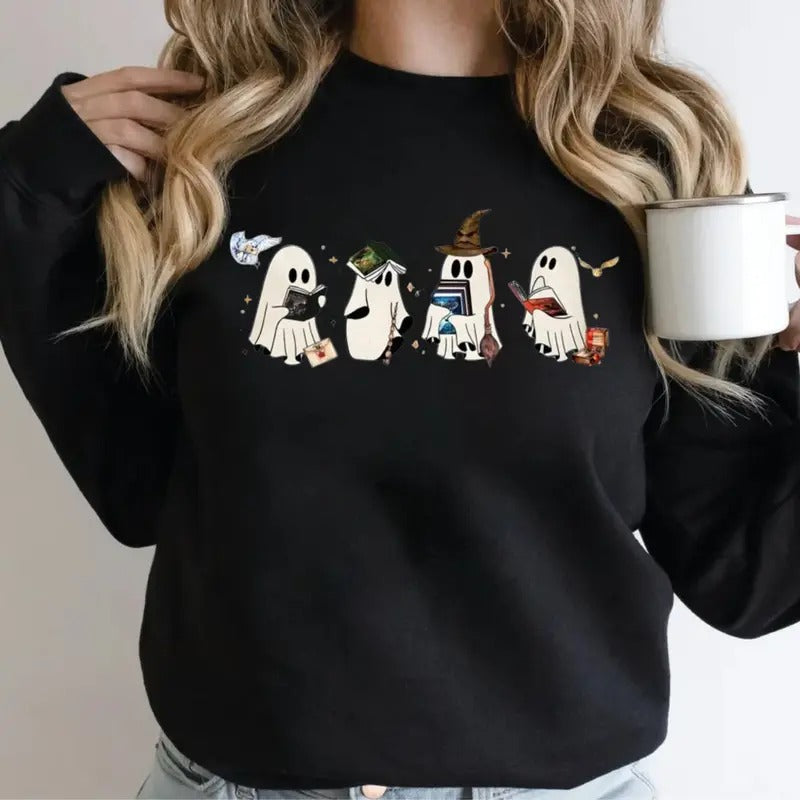 Wizard Ghost Book Sweatshirt, Ghost Bookish Shirt, Wizard Ghost Sweater, Halloween Gift For Book Lovers, Bookish...