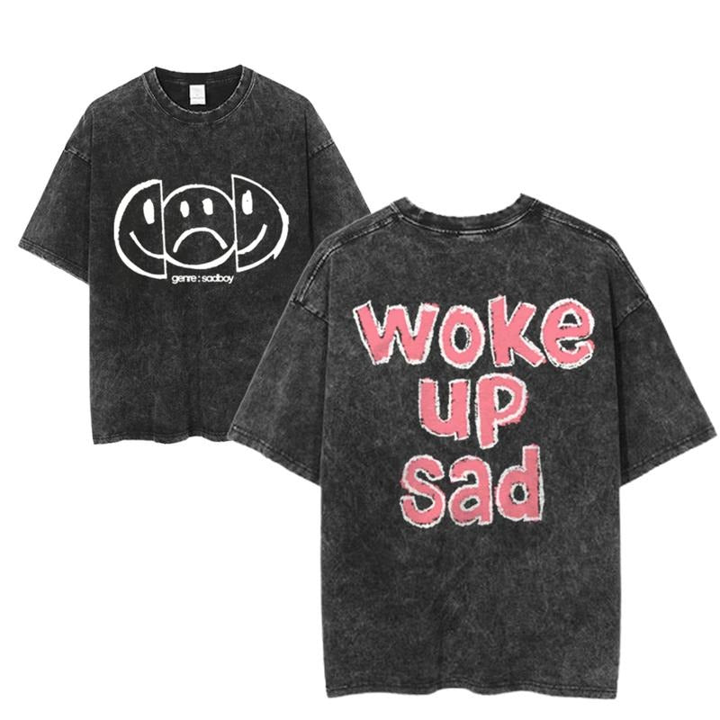 Woke Up Sad Graphic Tee, Genre Sadboy Shirt, Moody Streetwear Design, Vintage Washed Look, Unisex Menswear Womenswear Top