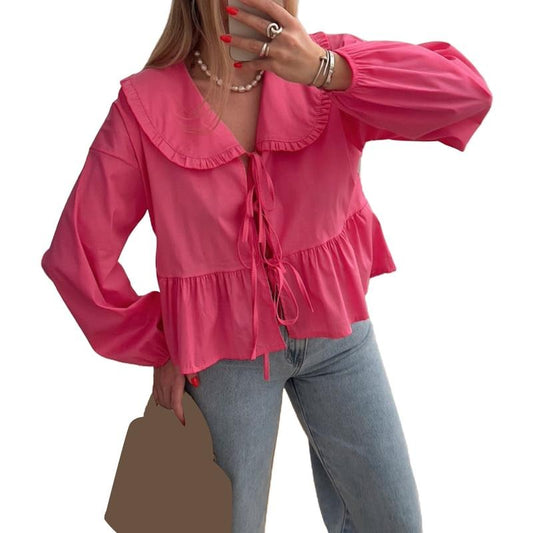 Women Basic Tie Front Tops Casual Solid Color Doll Collar Long Sleeve Shirt for Club Streetwear Aesthetic Clothes...