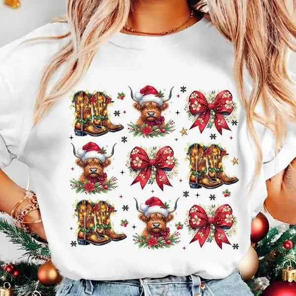 Women Christmas Cow Unisex Shirt, Christmas Sweater, Cowgirl, Cowboy, Country Side Cow Xmas Lights Tee Hoodie, Sweatshirt