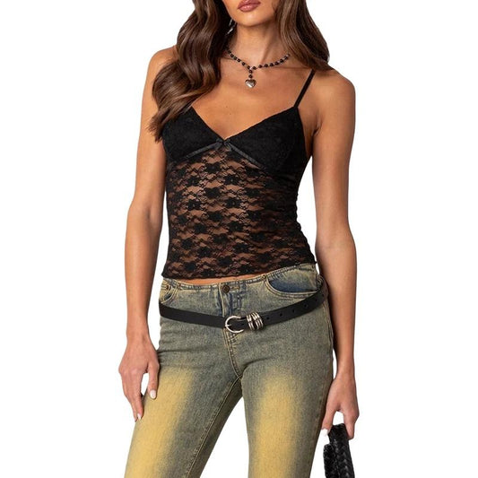 Women Crop Floral Lace Camisole Summer Backless Spaghetti Strap Tank Tops Sleeveless T-Shirt for Streetwear Clubwear Cotton Fashion