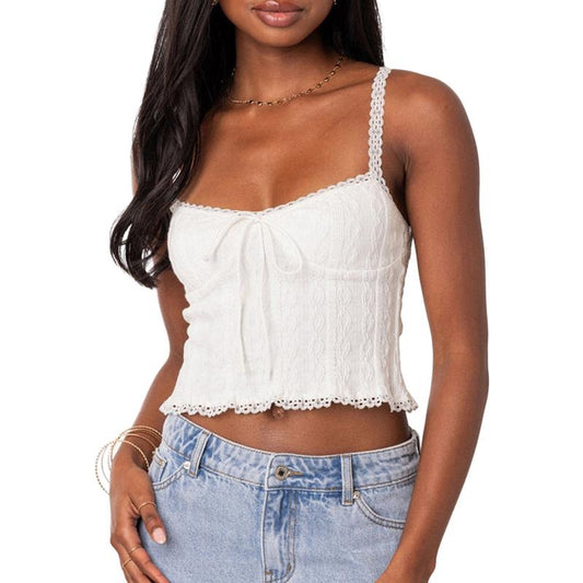Women Crop Lace Camisole Solid Color Summer Spaghetti Strap Tank Tops Sleeveless T-Shirt for Streetwear Clubwear Fashion Polyester