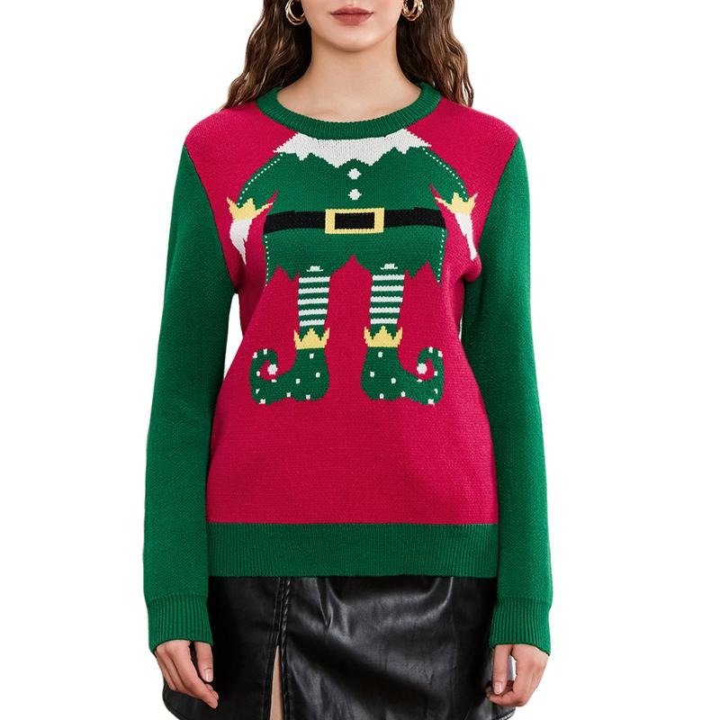 Women Cute Christmas Sweaters Casual Trendy Elf Legs Print Crew Neck Warm Pullover Basic Knitwear for Fall Streetwear...