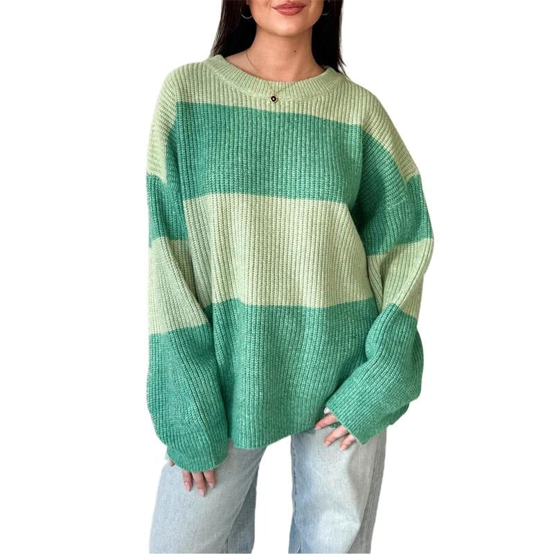 Women Cute Loose Sweaters Casual Trendy Contrast Color Crew Neck Warm Long Sleeve Pullover Knitwear for Fall Streetwear...