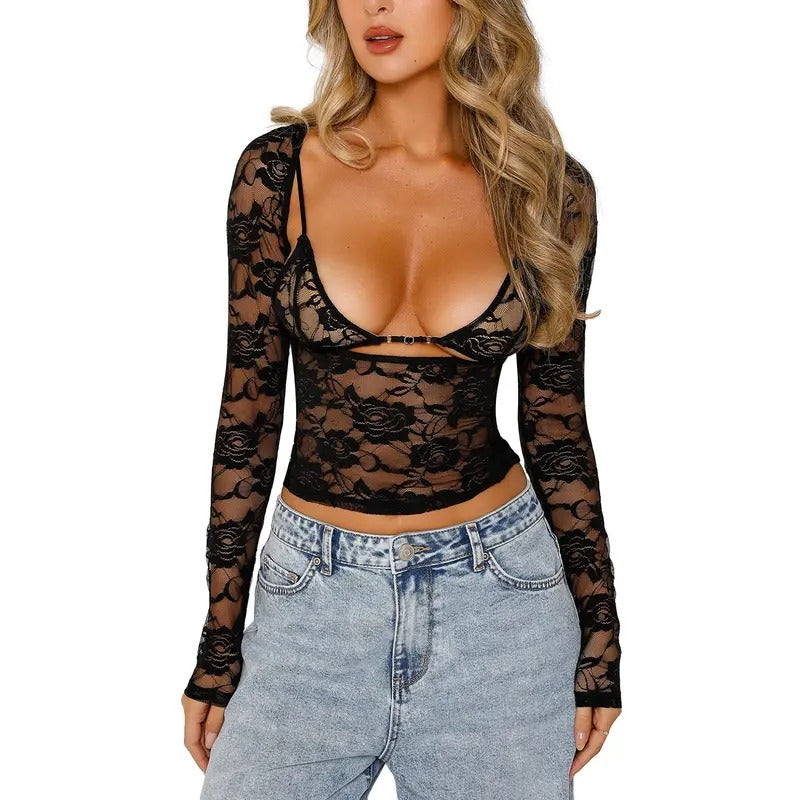 Women Floral Lace Tops Low Cut Sheer Long Sleeve Pullovers Fitted Crop Shirt with Bra Summer Streetwear Clubwear...