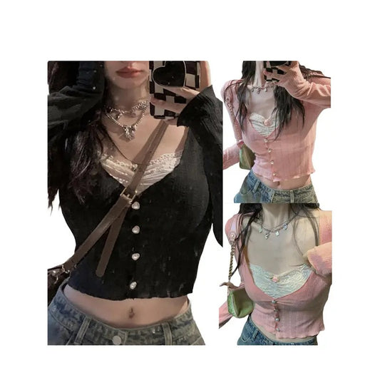 Women Knitted Crop Tops Fake Two-Piece Lace Patchwork Sweetheart Neckline Long Sleeve Cardigan Slim Fit Streetwear...
