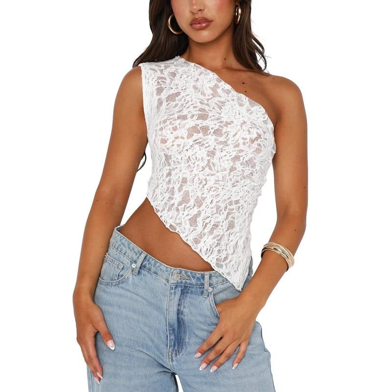 Women Lace Vest, Sleeveless One-shoulder Backless Irregular Summer Tops Clubwear for Party Womenswear Check T-Shirts,...