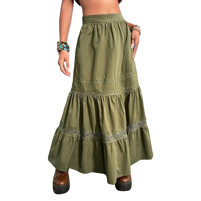 Women Long Skirt, Vintage Lace Patchwork Loose Summer Ladies Skirt for Casual Daily Fashion Light