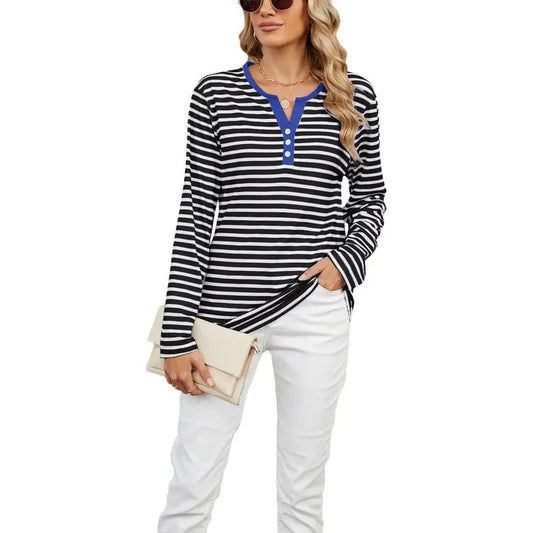 Women Long Sleeve Shirt Casual Stripe Print V-Neck Tops Basic Blouses for Club Streetwear Aesthetic Clothes Fashion...