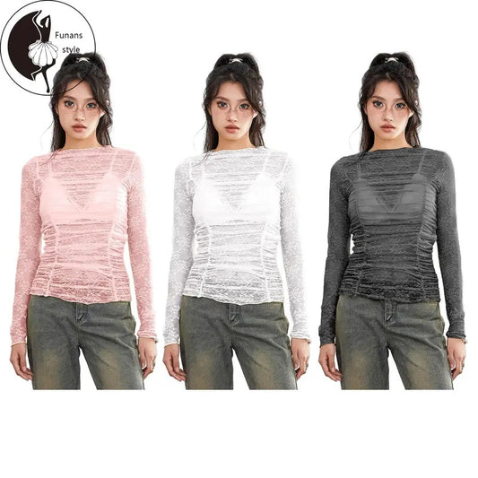 Women Long Sleeve Tops Sheer Floral Lace Ruched Basic Shirt Casual Pullover for Fall Club Streetwear Aesthetic Clothes