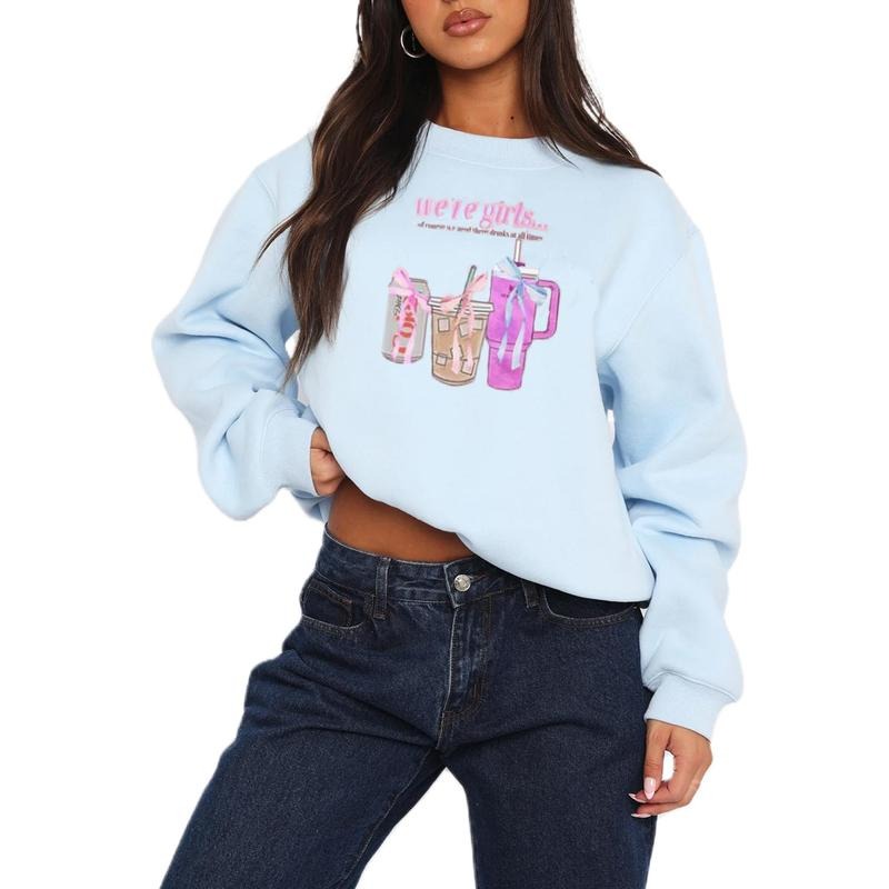 Women Loose Sweatshirts Cute Water Cup Print Crew Neck Long Sleeve Pullovers Casual Fall Workout Tops Autumn Streetwear...