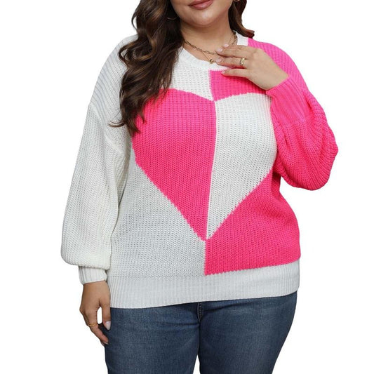 Women Plus Size Sweaters Casual Heart Contrast Color Warm Long Sleeve Pullover Basic Knitwear for Fall Streetwear...