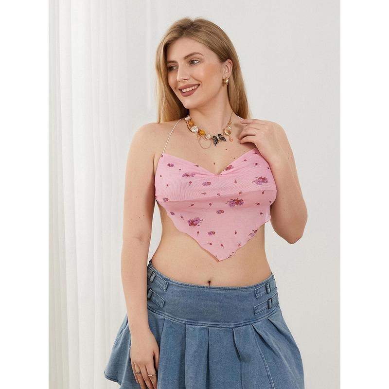Women Sexy Sheer Mesh Camisole, Sleeveless Spaghetti Strap Floral Print Criss Cross Tie Back Crop Cami Tops Womenswear...