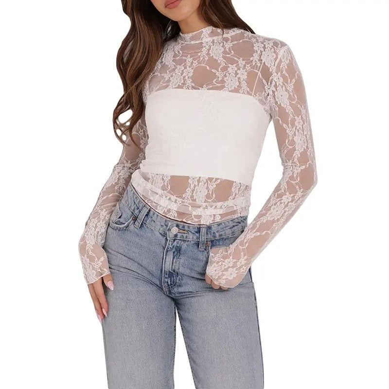 Women Sheer Tops Floral Lace Mock Neck Long Sleeve Casual T-Shirts for Parties Beach Hoodie, Sweatshirt | InkThreadWorks.com