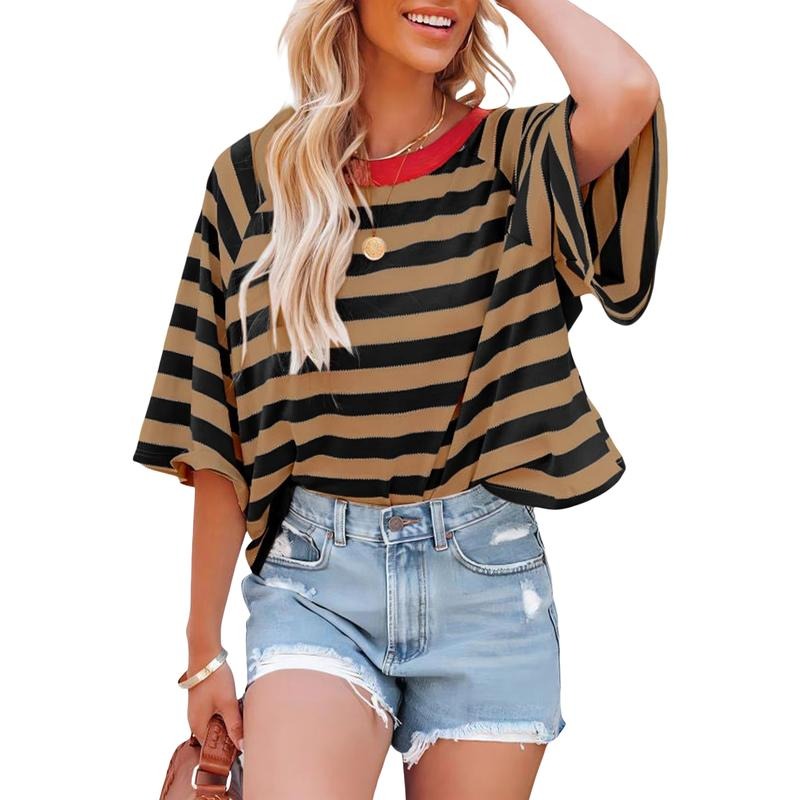 Women Short Sleeve T-Shirts Stripe Contrast Color Round Neck Shirts Summer Casual Loose Fit Tops Streetwear Womenswear...