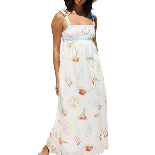 Women Slip Dress, Sleeveless Tie-up Graphic Print Summer Swing Dress Long Dress for Vacation Casual Light