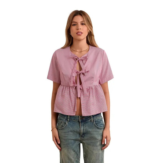 Women Striped Print Shirt Round Neck Short Sleeve Bow Tie Closure Loose Flowy Tops Womenswear Blouse Hoodie, Sweatshirt