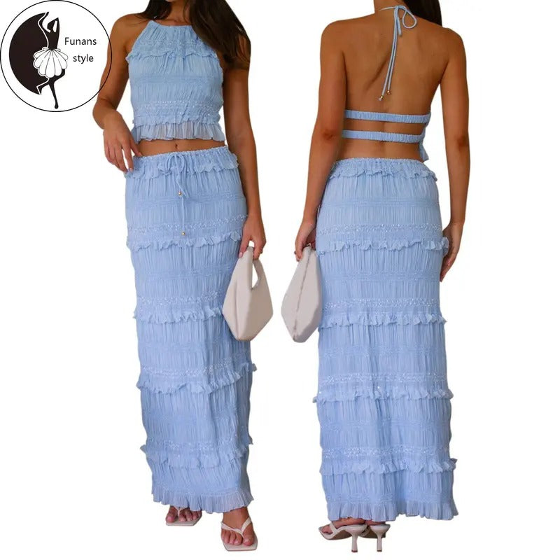 Women Summer Outfit Shirred Tie-up Halter Neck Sleeveless Open Black Tank Blue Tops Drawstring Long Skirt 2 Pcs Set Polyester Ruffle Polyester Womenswear Bohemian Boho Multi-Color Short