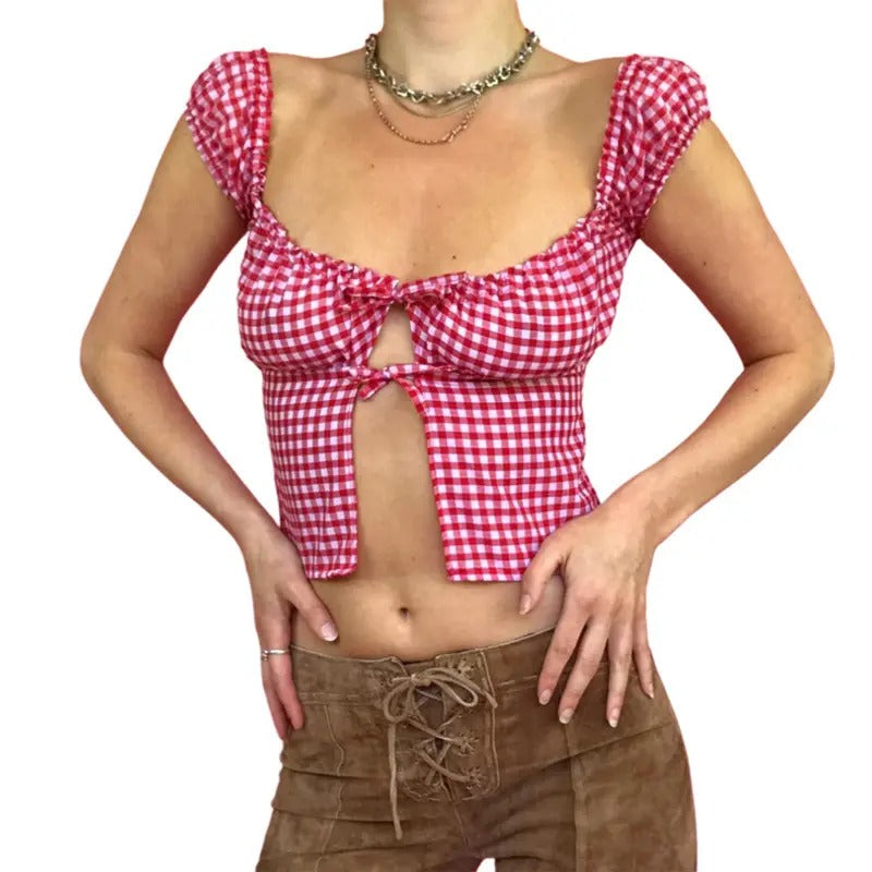 Women Summer Tops, Plaid Pattern Print Tie Up Bandage Chest Low Cut Vest Crop Tops for Female Light Polyester T-Shirts,...