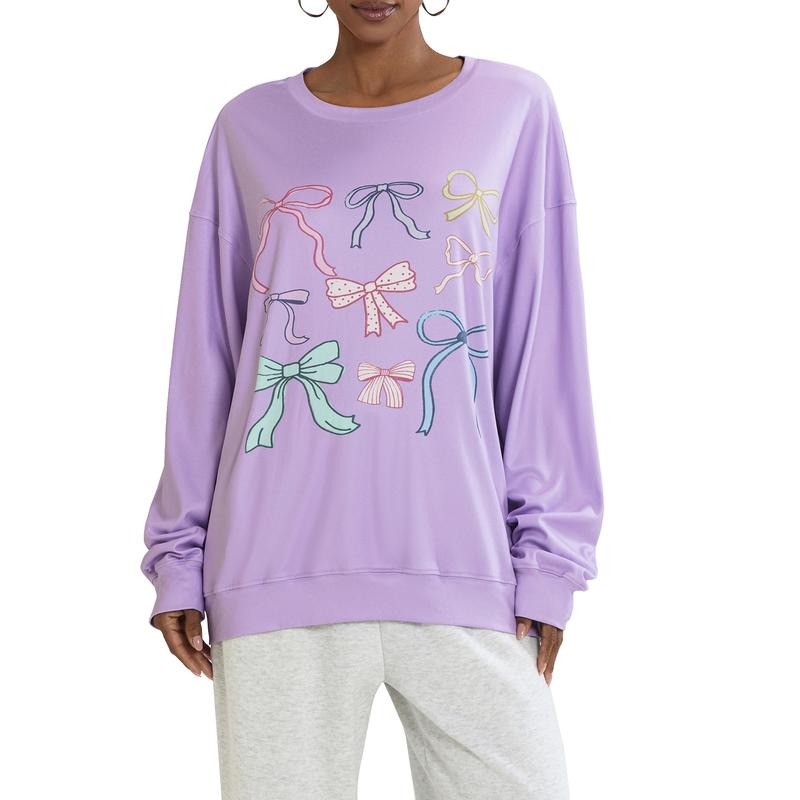 Women Sweatshirt, Long Sleeve Crew Neck Bowknot Print Hoodie Pullover Casual Tops T-Shirts | InkThreadWorks.com
