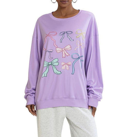 Women Sweatshirt, Long Sleeve Crew Neck Bowknot Print Hoodie Pullover Casual Tops T-Shirts | InkThreadWorks.com