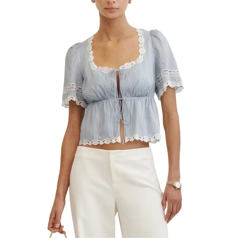 Women T-shirt, Square Neck Short Sleeve Tie-up Patchwork Summer Tops Streetwear for Casual Daily Light Womenswear Hoodie,...