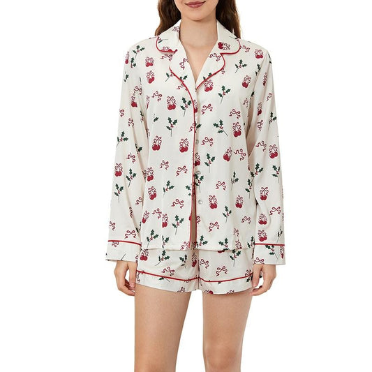 Women Tiger Pajama Set Lapel Neck Button-up Long Sleeve Tops Shorts 2-Piece Loungewear Outfit