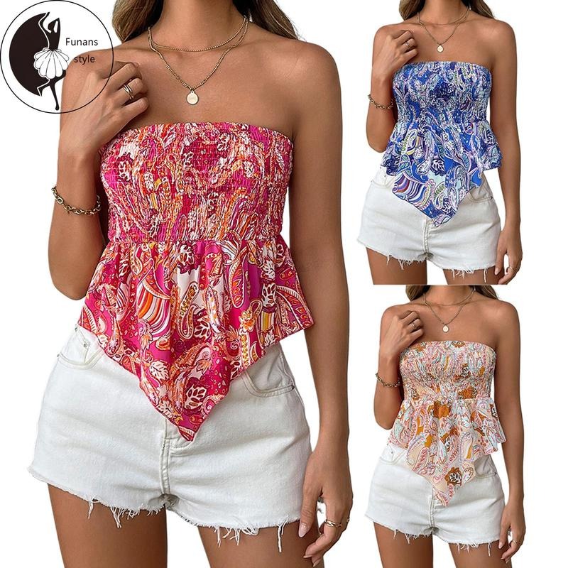 Women Tube Top, Strapless Backless Printed Vest Pleated Irregular Summer Ladies Clubwear T-Shirts, Hoodie, Sweatshirt