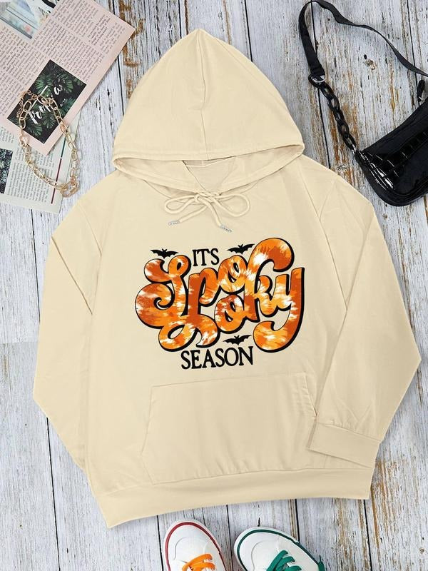 Women's  Letter & Bat Print Drop Shoulder Hoodie, Halloween Fashion Casual Drawstring Pocket Hooded Sweatshirt for Daily...