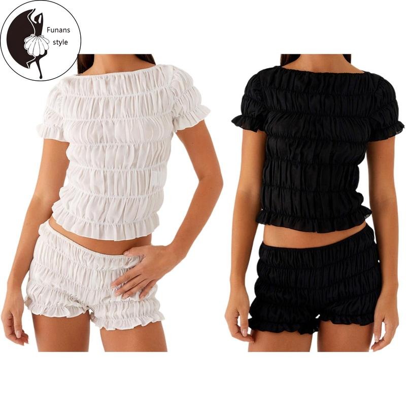 Women's 2 Piece Lounge Outfits Short Sleeve Boat Neck Ruched T-shirt Shorts Sets Hoodie, Sweatshirt | InkThreadWorks.com
