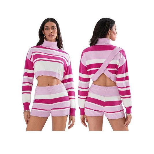 Women's 2 Piece Outfits Sweater Set Stripe Turtleneck Long Sleeve Knit Tops Elastic Waist Shorts Set Womenswear Check...