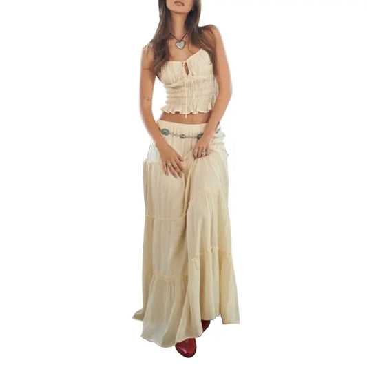 Women's 2 Piece Skirts Outfits Solid Color Ruched Tie-Up Front Sleeveless Cami Tops Long Skirts Clothes Set Womenswear Check