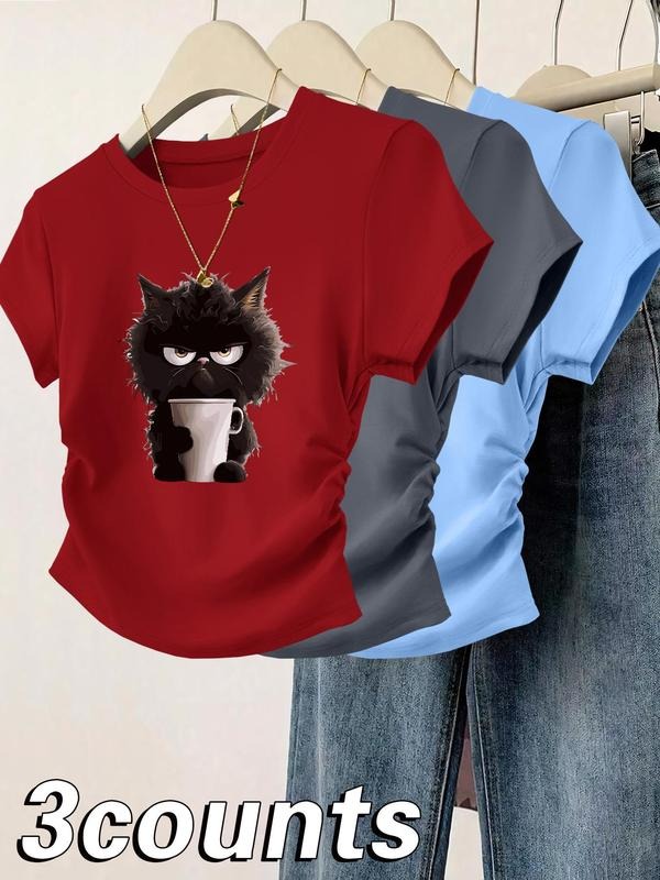Women's Angry Cat Print Round Neck Tee, Casual Short Sleeve T-shirt for Daily Wear, Ladies Clothes for All Seasons, Top...