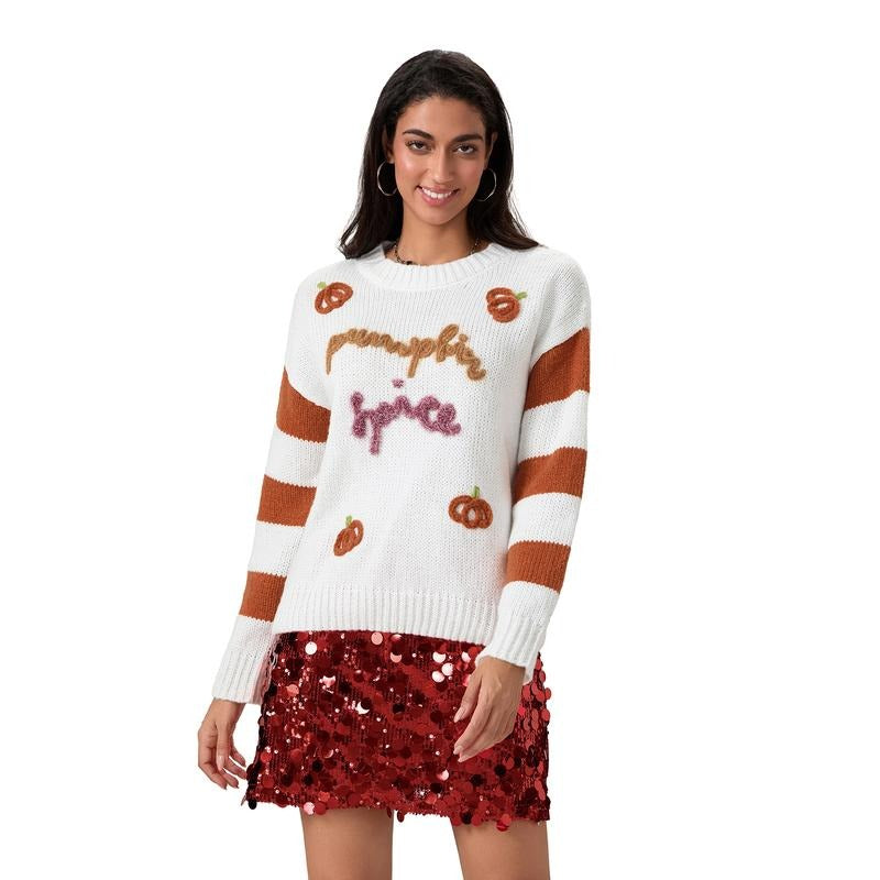 Women's Autumn Loose Sweater Stripe Long Sleeve Round Neck Pumpkin Letter Knitwear Pullover T-Shirts, Hoodie, Sweatshirt