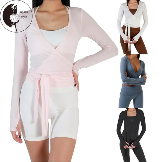 Women's Ballet Wrap Tops Solid Stylish V Neck Long Sleeve Workout T-Shirt for Sports Hoodie, Sweatshirt | InkThreadWorks.com