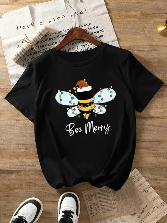 Women's Bee & Letter Print Round Neck Tee, Casual Short Sleeve Crew Neck T-shirt for All Seasons, Fashion Women's Top for...