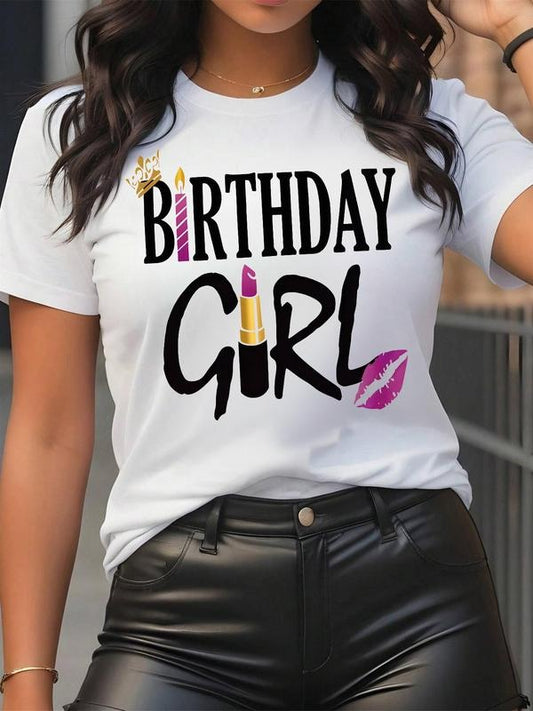 Women's Birthday Girl Letter Print Round Neck Graphic Tee, Vintage Trendy Casual Short Sleeve T-shirt for Daily Wear, Ladies Summer Outfit