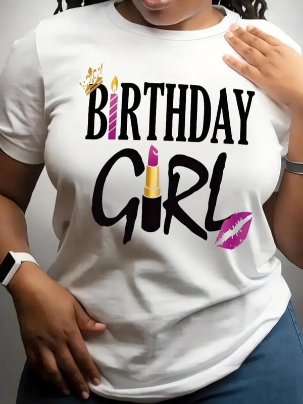 Women's Birthday Girl Print Round Neck Graphic Tee, Trendy Casual Short Sleeve T-shirt for Daily Wear, Ladies All Seasons Outfit