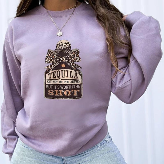 Women's Bow & Tequila Print Drop Shoulder Shirt Sweatshirt Hoodie | InkThreadWorks.com