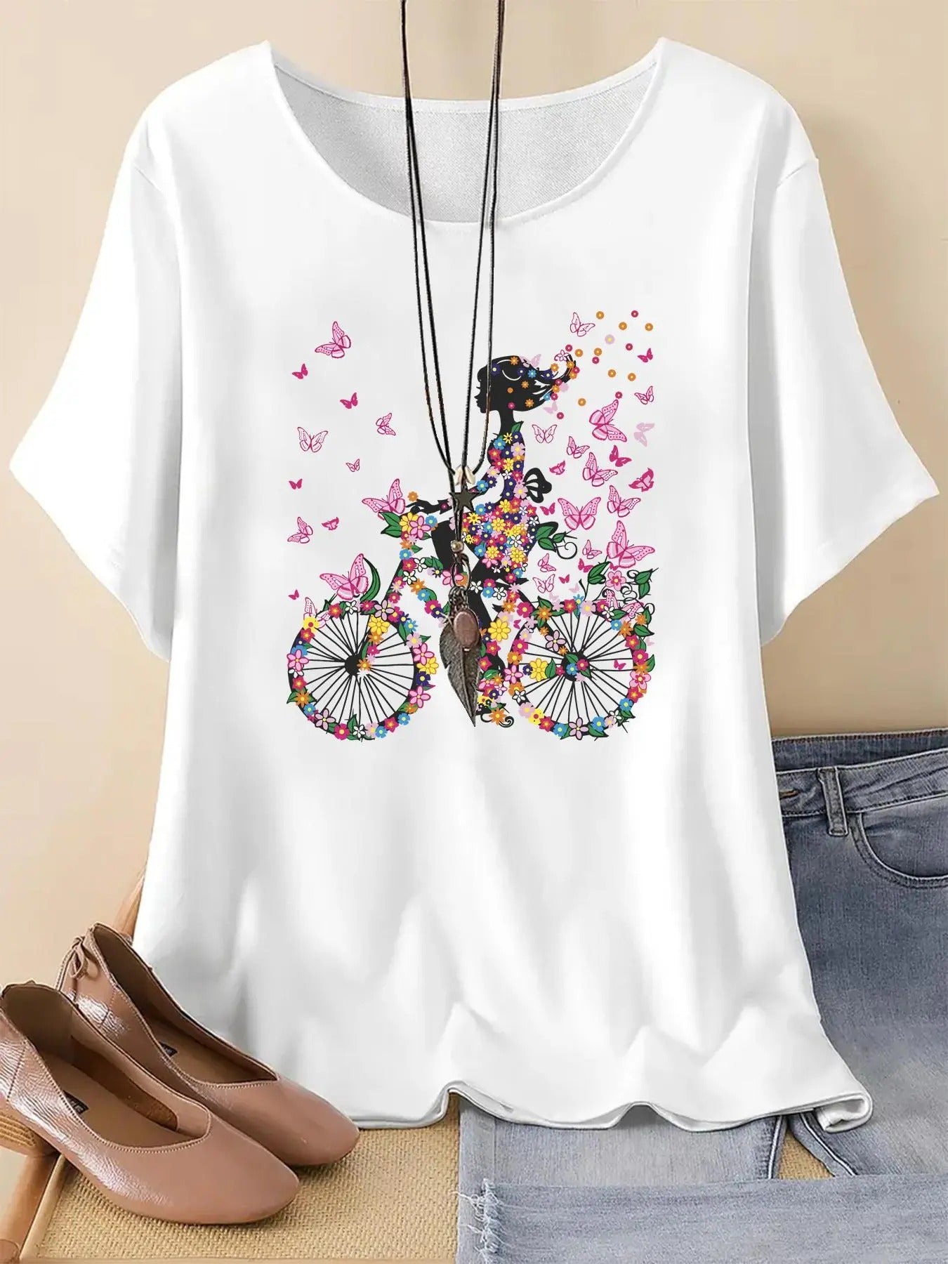 Women's Butterfly & Bicycle Print Drop Shoulder Tee, Casual Half Sleeve Round Neck T-Shirt for Summer, Ladies Clothes for...