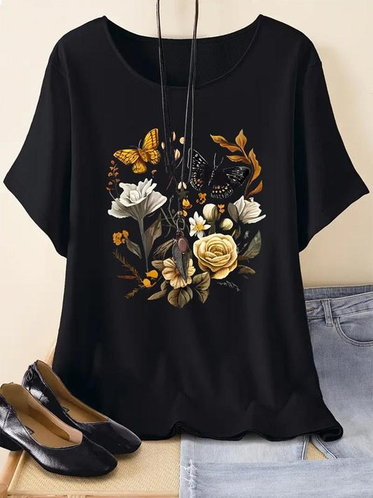 Women's Butterfly & Floral Print Round Neck Tee, Casual Short Sleeve T-Shirt for Summer, Ladies Clothes for Daily...