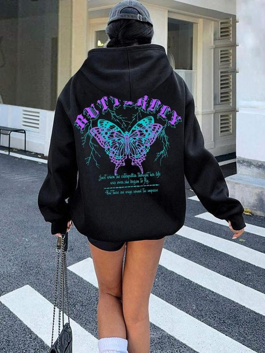 Women's Butterfly & Letter Print Hoodie, Fashion Casual Hooded Sweatshirt for Daily Holiday Outdoor Wear, Women Clothing...