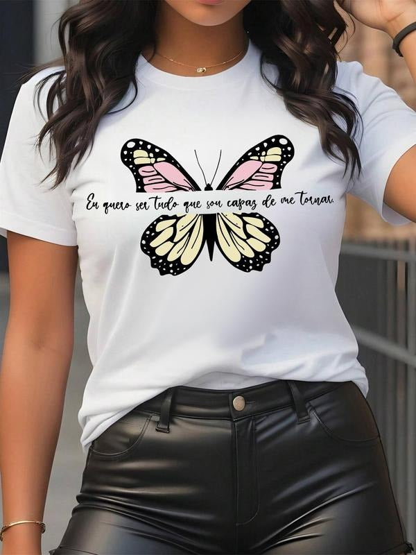 Women's Butterfly & Letter Print Round Neck Graphic Tee, Vintage Trendy Casual Short Sleeve T-shirt For Daily Wear, Ladies Summer Outfit